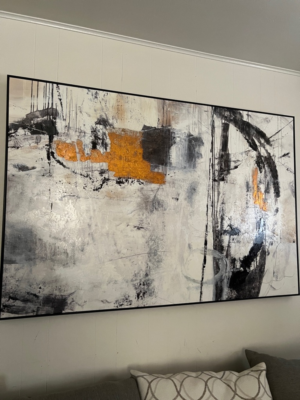 Abstract Mixed-Media Wall Art Painting in White, Black and Gold